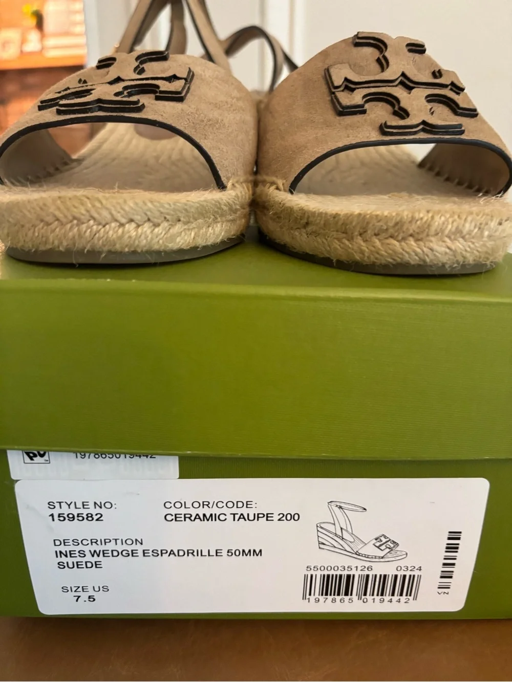 Tory Burch Tan Suede Espadrille Wedge Sandals with Logo Cutout